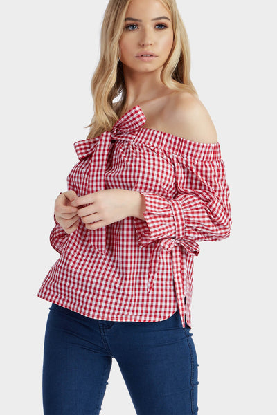 S17W-1000003952-RED-6-gingham-tie-sleeve-bardot-top-mid-red-jl1722