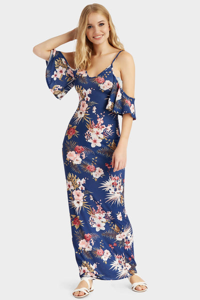 Multi Printed Cold Shoulder Maxi Dress