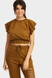 Khaki Sleeveless Cropped Elasticated Hem Sweat Top