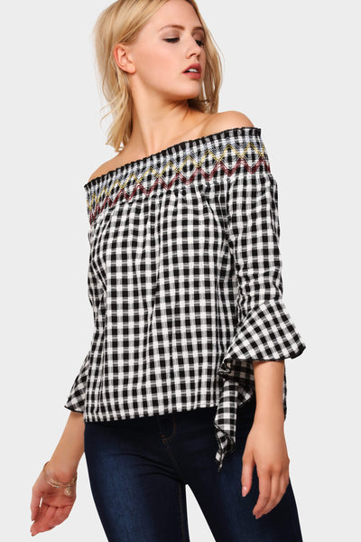 S17W-1000003046-BCK-S/M-gingham-off-shoulder-top-black-jl1238
