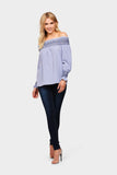 Dark Blue Stripe Off Shoulder Embroidered Top