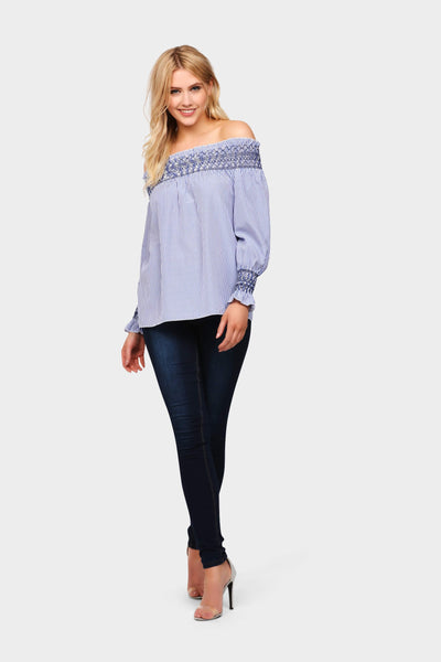S17W-1000003058-DUE-S/M-stripe-off-shoulder-embroidered-top-dark-blue-jl1243