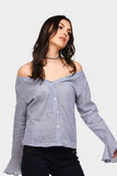 Denim Blue Stripe Off Shoulder Shirt With Frill Cuffs