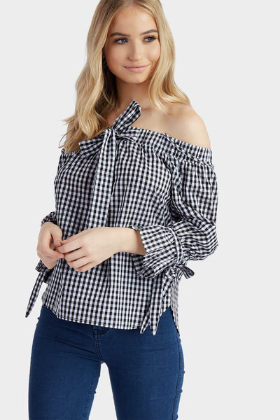 S17W-1000003935-BCK-6-gingham-tie-sleeve-bardot-top-black-jl1722