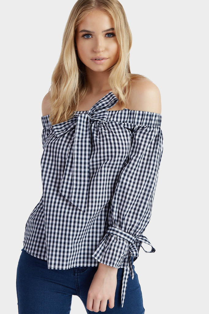 S17W-1000003951-NVY-6-gingham-tie-sleeve-bardot-top-dark-blue-jl1722