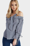 Navy Gingham Tie Sleeve Bardot Top