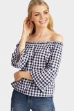 Navy/Cream Gingham Button Frill Sleeve Top