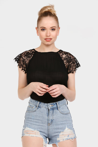 S17W-1000004105-BCK-S/M-lace-sleeve-pleated-top-black-jl1860