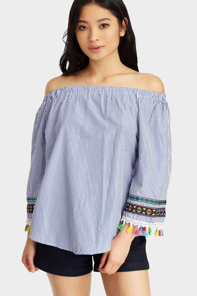 S17W-1000004757-BUE-S/M-tassel-sleeve-detail-woven-top-mid-blue-jl2252
