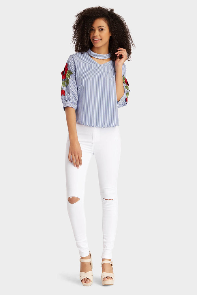S17W-1000004762-BUE-S/M-stripe-embroidered-choker-top-mid-blue-jl2253