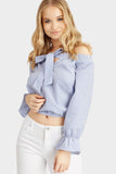 Blue Stripe Bardot Top With Bow