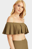 Khaki Frill Off Shoulder Crop Top