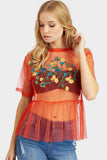 Orange Mesh Floral Top