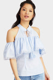 Blue Cut Out Shoulder Turtle Top