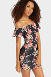 Multi Printed Off Shoulder Ruffle Mini Dress